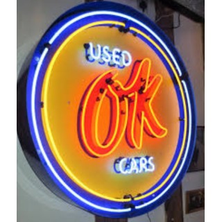 Original OK Used Cars Porcelain Button Sign with Neon 60 IN Diameter